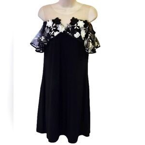 MSK Prelude Illusion Off Shoulder Black/White Floral  Embroidered Dress,Medium